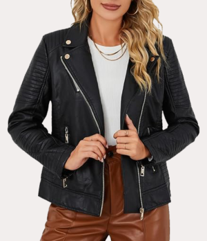 Women Faux Leather Casual Jacket, Fall and Spring Fashion Motorcycle Bike Coat