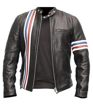 Cafe Racer Mens Vintage Easy Motorcycle Rider USA Flag Biker Black Real Leather Jacket